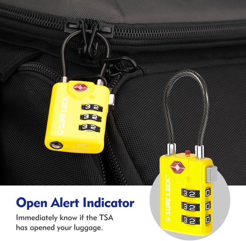 SURE LOCK TSA Approved Combination Luggage Locks with Open Alert Indicator – Durable Zinc Alloy Cable Travel Locks with Large Easy-Read Dials for Suitcases, Backpacks & Gym Bags(2, Yellow) - Image 2